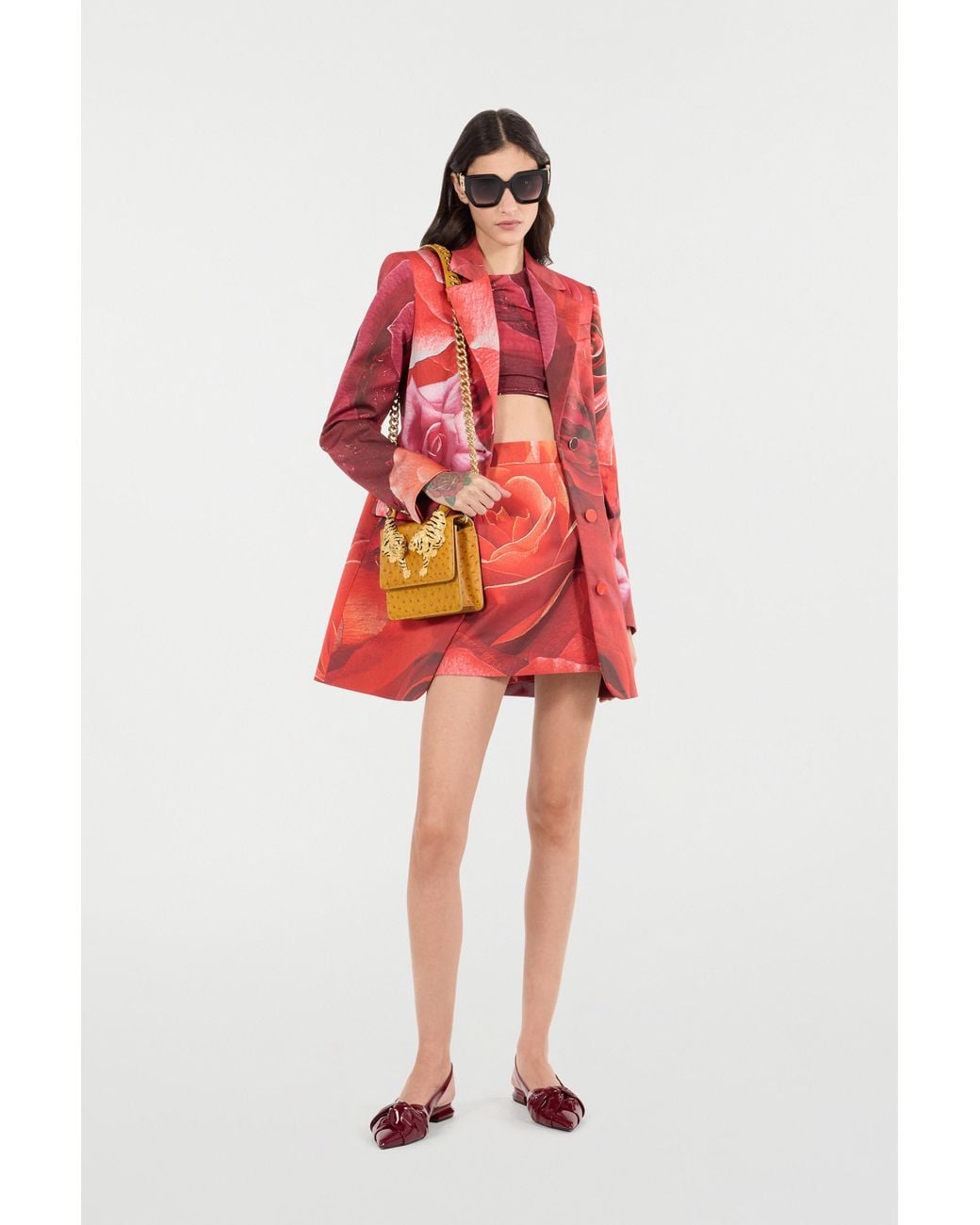 Roberto Cavalli Red Long Blazer With Rose Print