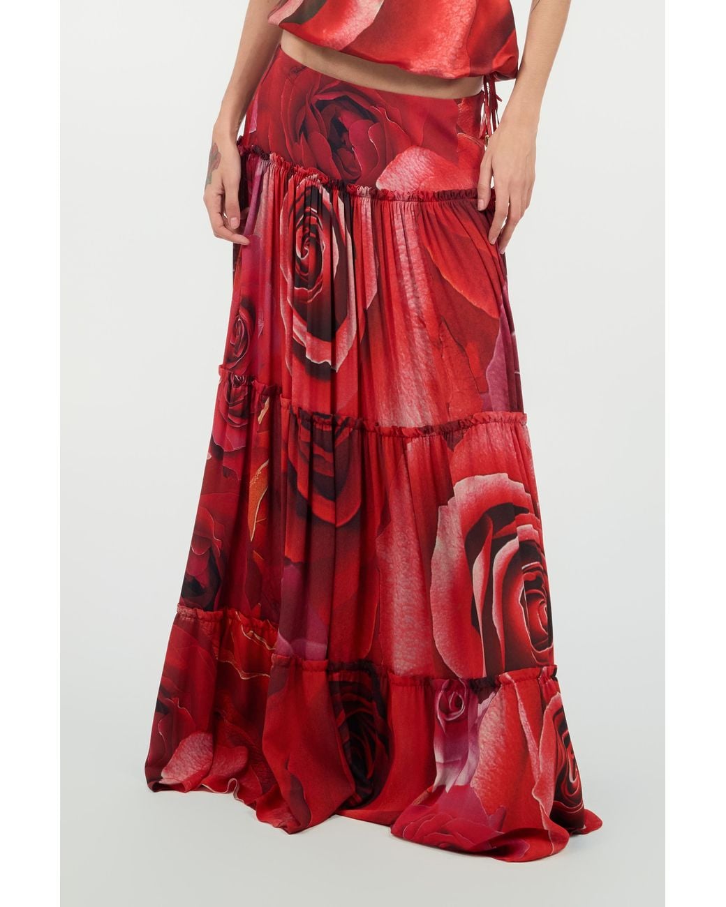 Roberto Cavalli Red Extra-Long Skirt With Garden Rose Print