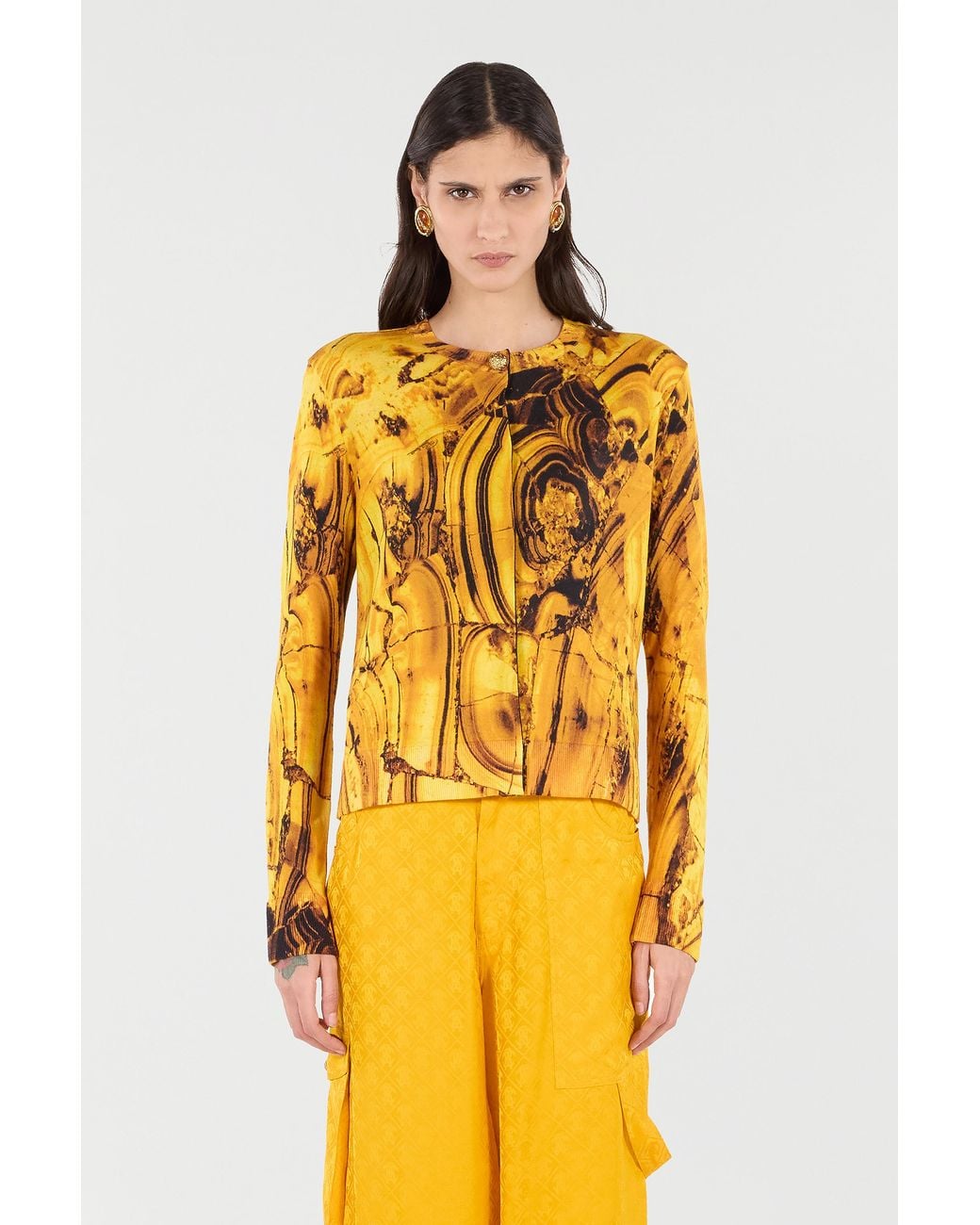 Roberto Cavalli Yellow Cardigan With Amber Print