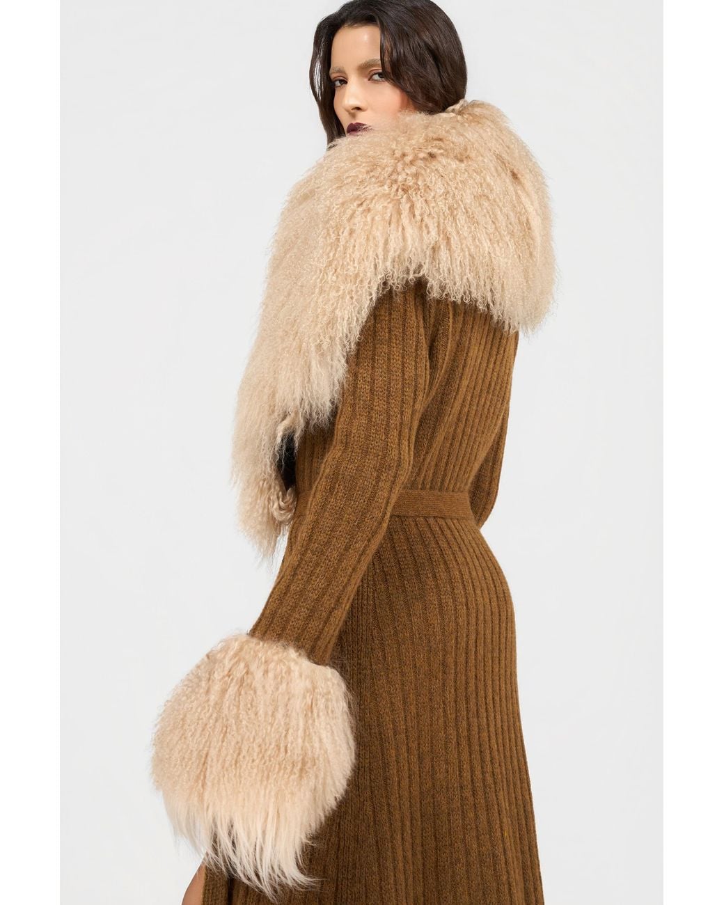 Roberto Cavalli Natural Ribbed Knit Coat With Faux Fur