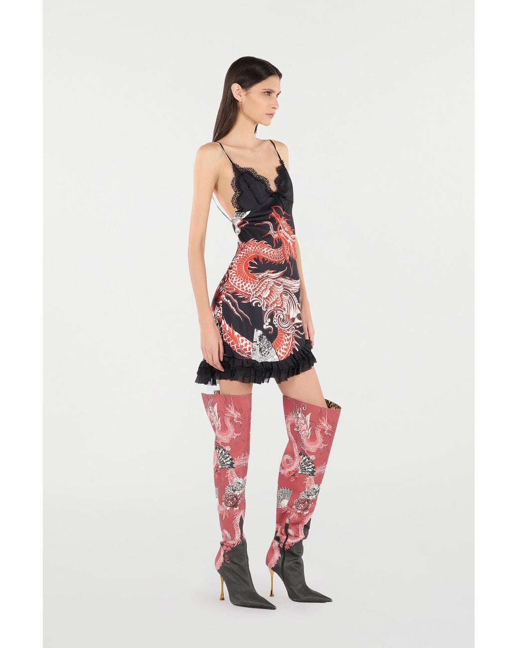 Roberto Cavalli Red Silk Mini Dress With Dragon And Ruches