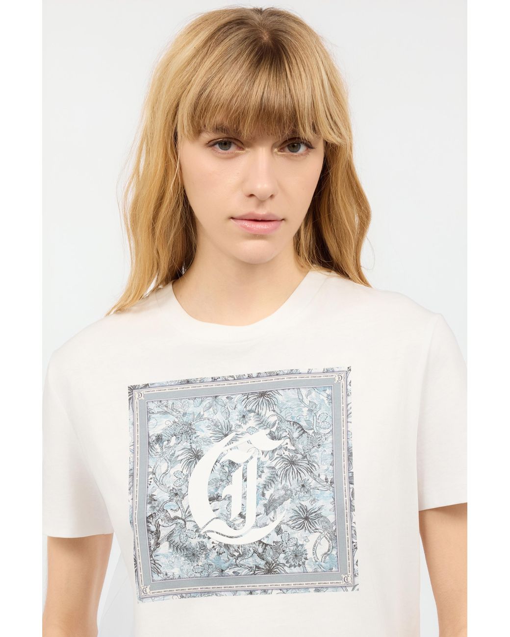 Roberto Cavalli White T-Shirt With Graphic And Jc Monogram