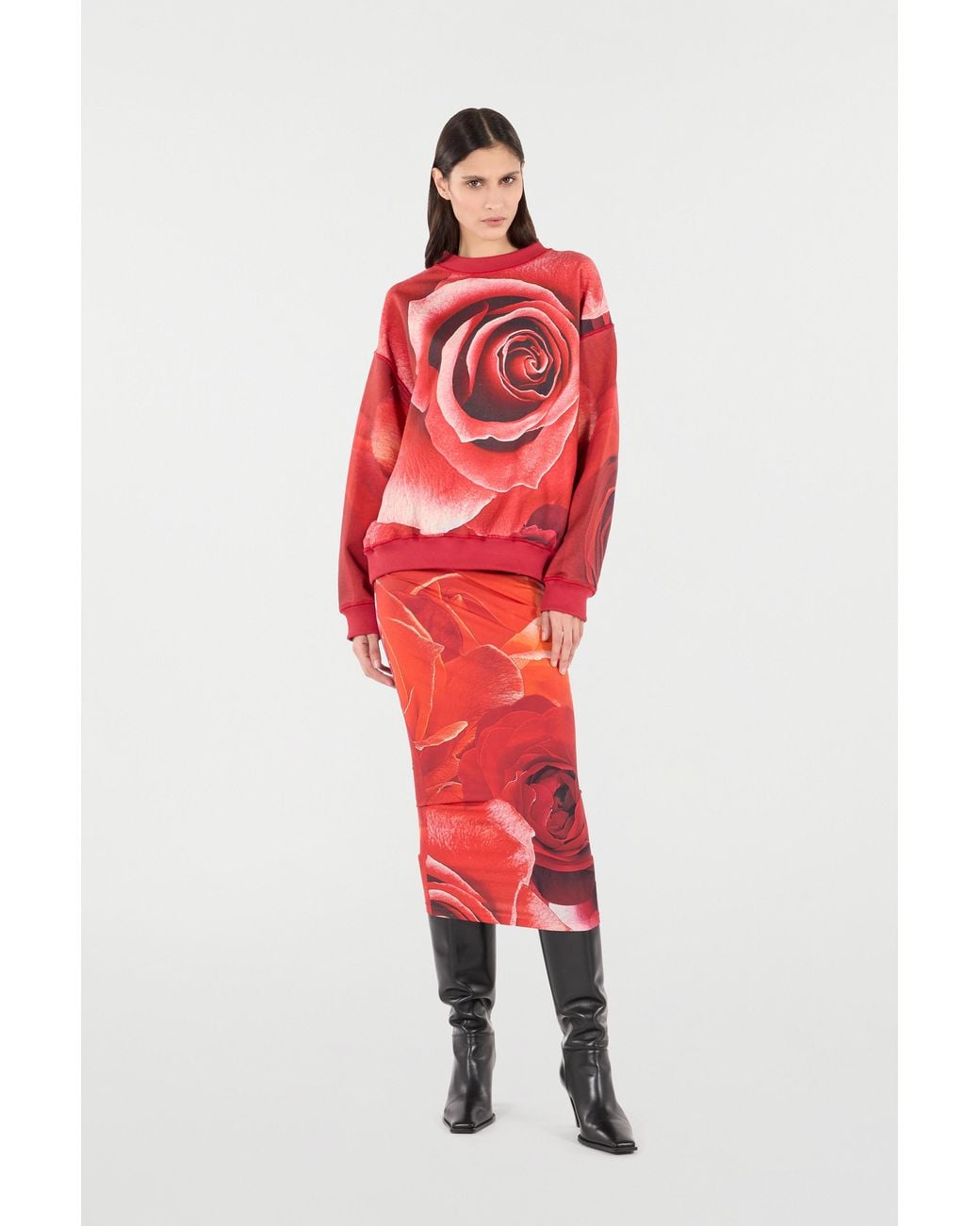 Roberto Cavalli Red Sweatshirt With Maxi-Rose Print