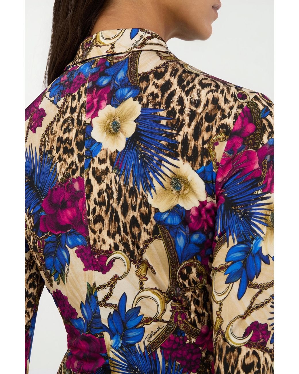 Roberto Cavalli Blue Flower Leopard Print Shirt