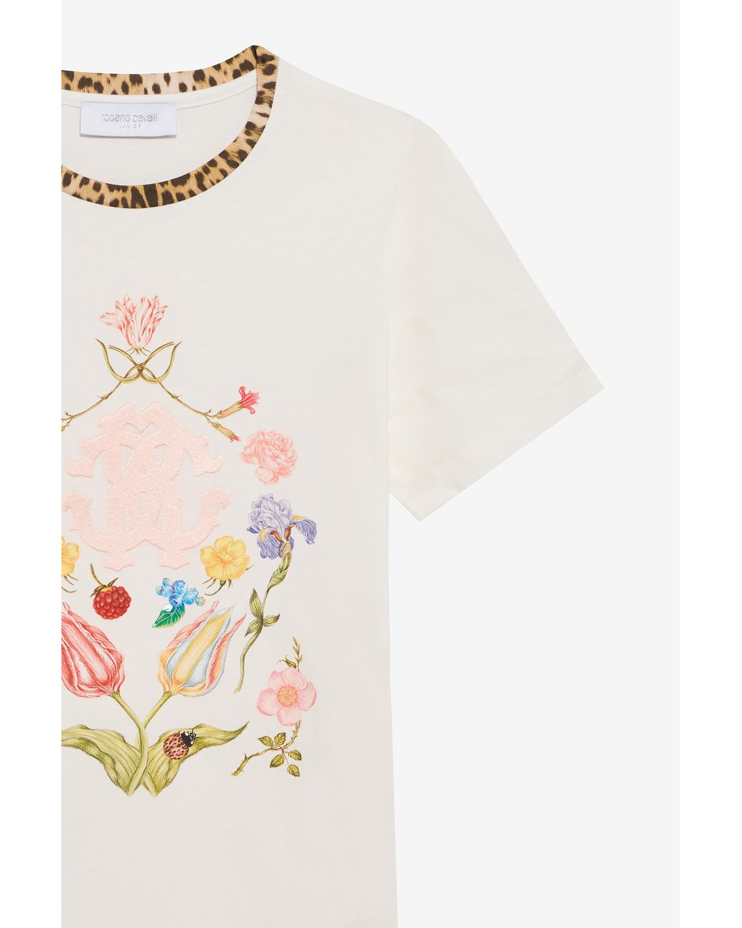 Roberto Cavalli White T-Shirt With Floral Print And Monogram Rc