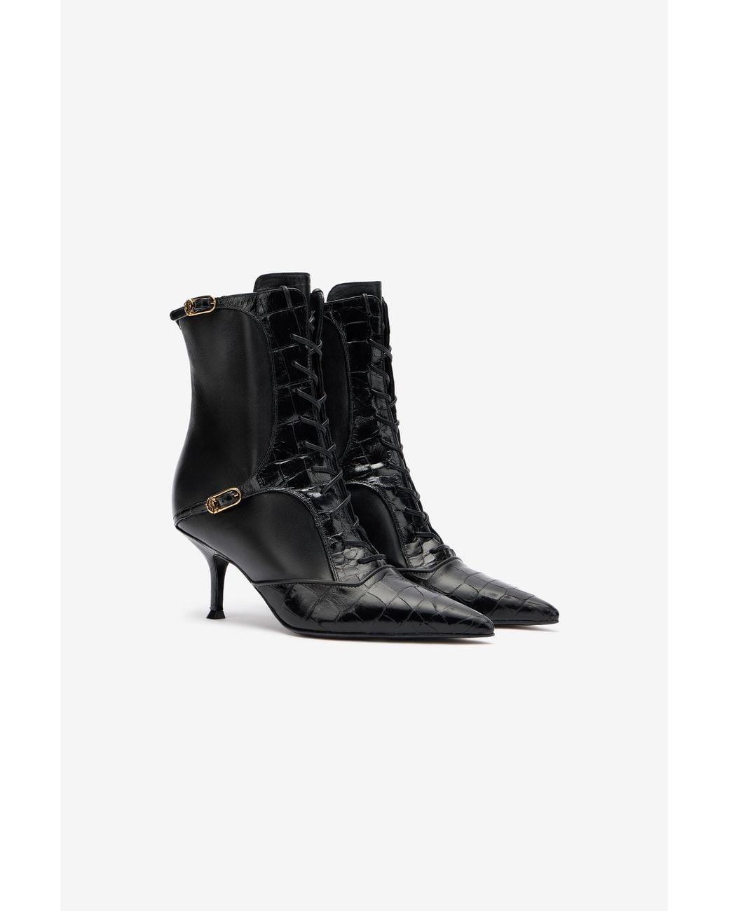 Roberto Cavalli Black Crocodile-Effect Lace-Up Ankle Boots