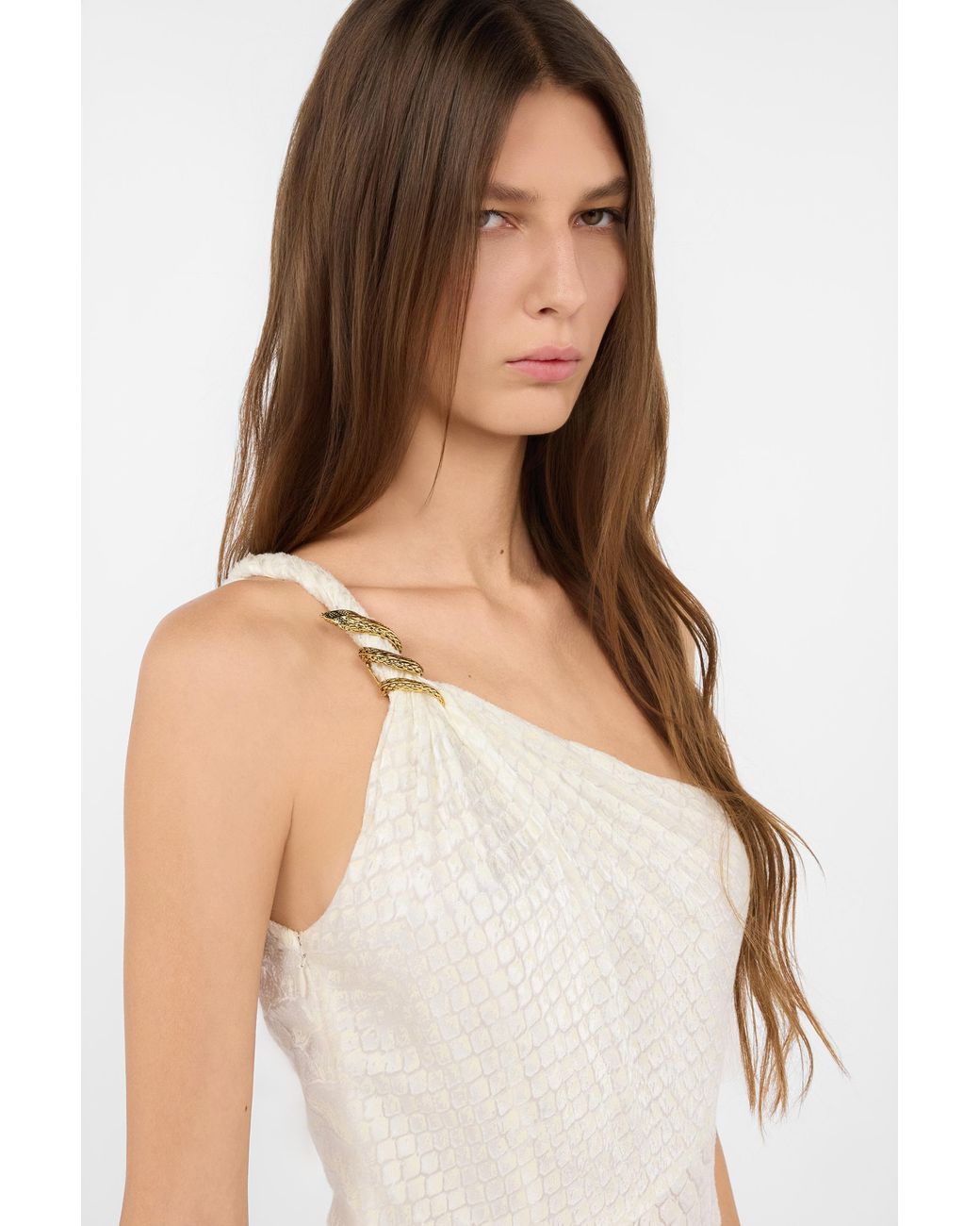 Roberto Cavalli White One-Shoulder Dress With Serpentine Print