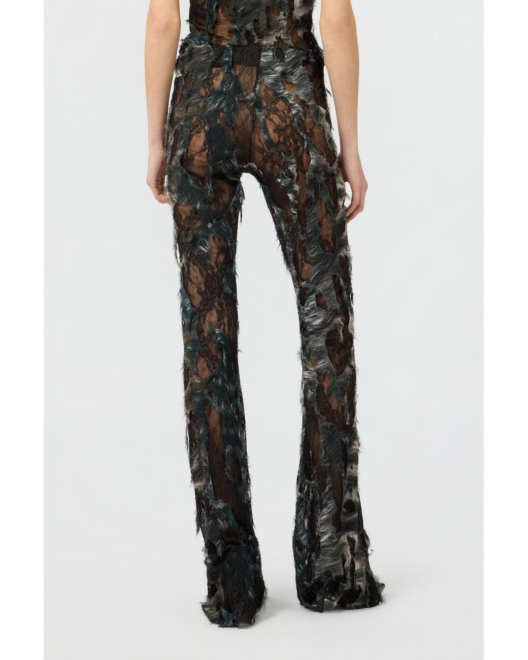Roberto Cavalli Black Pants With Fur Print On Destroyed-Effect Lace