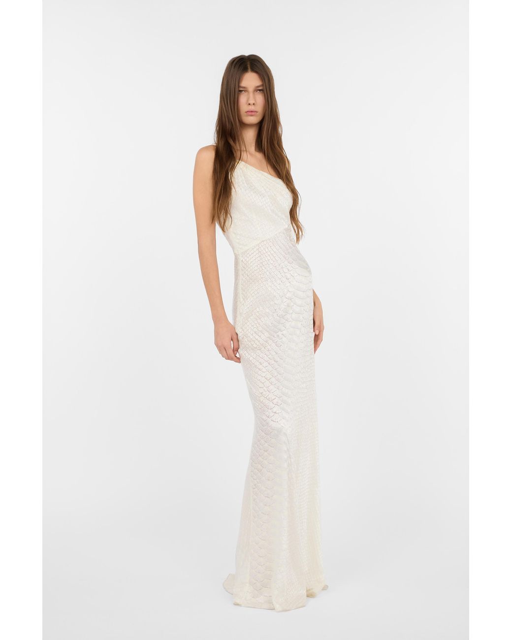 Roberto Cavalli White One-Shoulder Dress With Serpentine Print