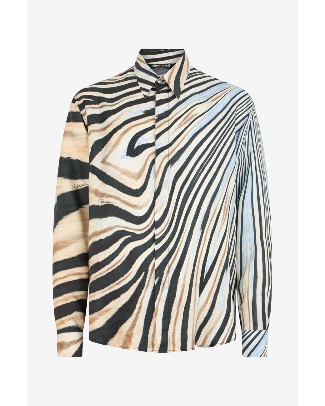 Roberto Cavalli White Silk Shirt With Zebra Print for men