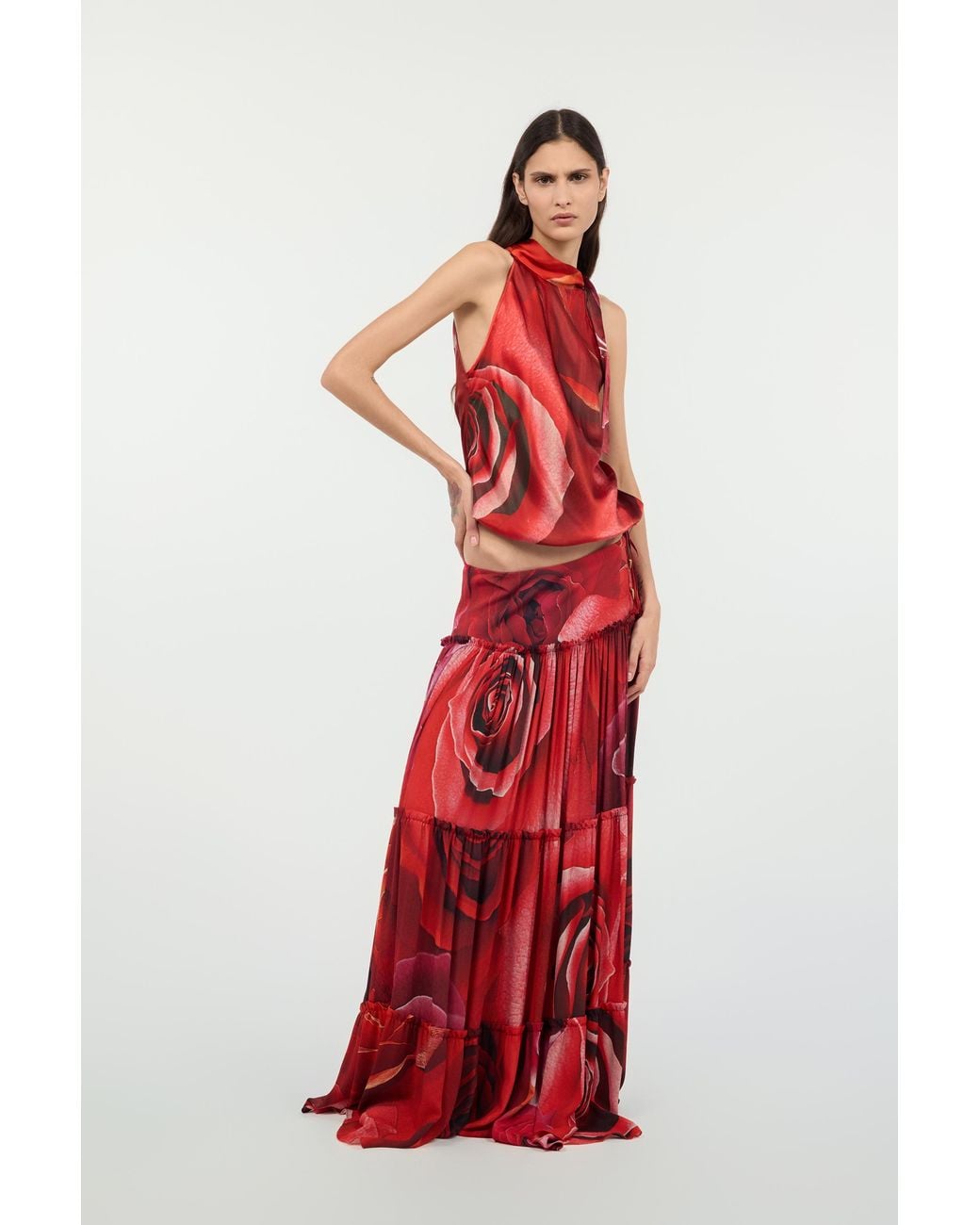 Roberto Cavalli Red Extra-Long Skirt With Garden Rose Print
