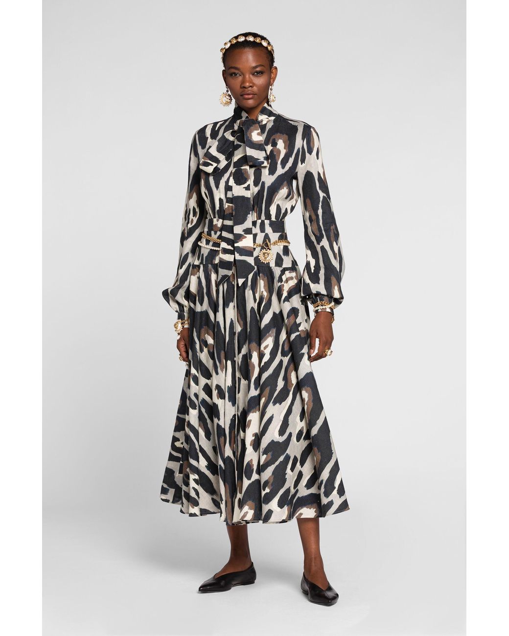 Roberto Cavalli White Animal-Print Linen Midi Dress