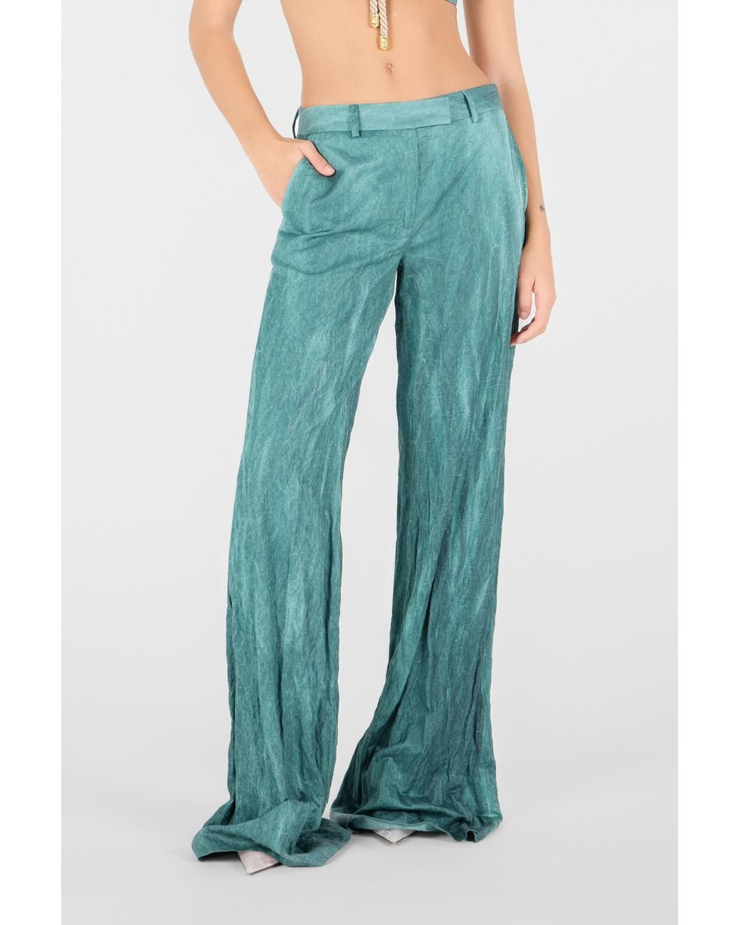 Roberto Cavalli Green Crinkled Texture Trousers