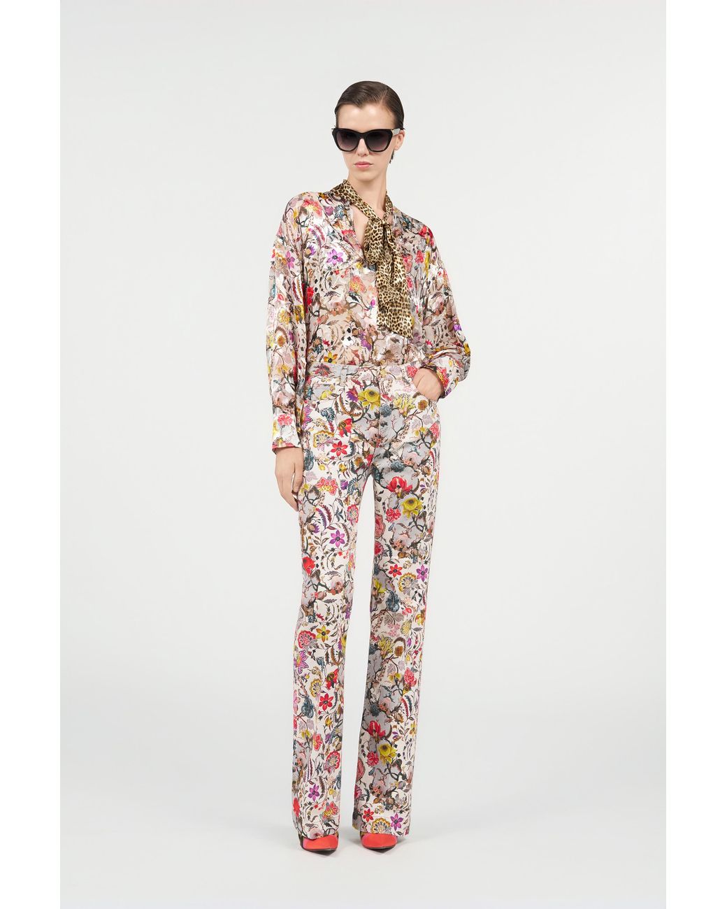 Roberto Cavalli White Flared Pants With Florentine Flowers Print