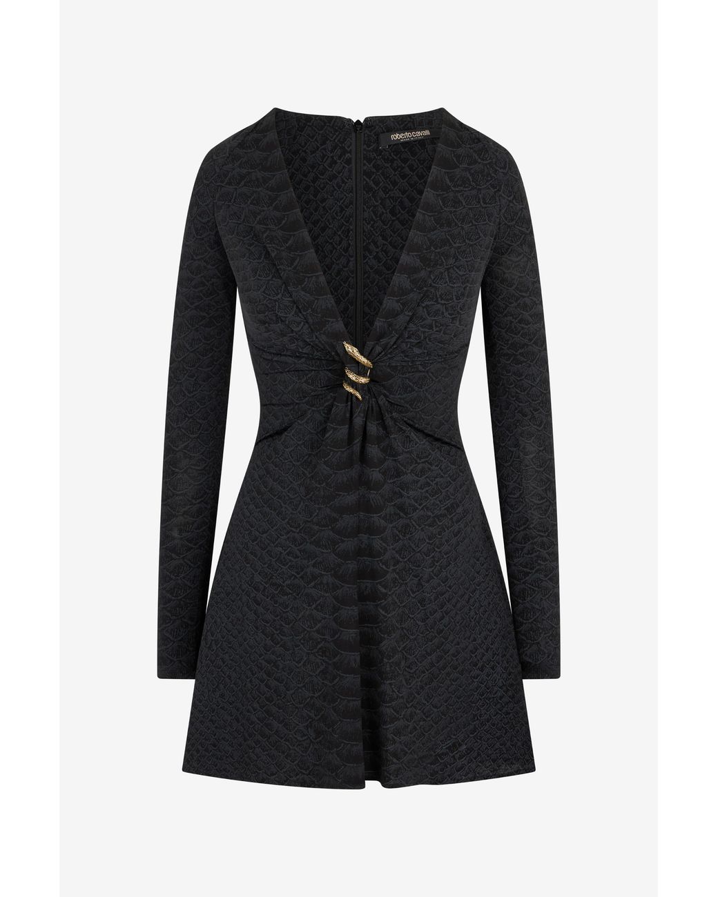 Roberto Cavalli Black Dress With Serpentine Print And Jewel Detail