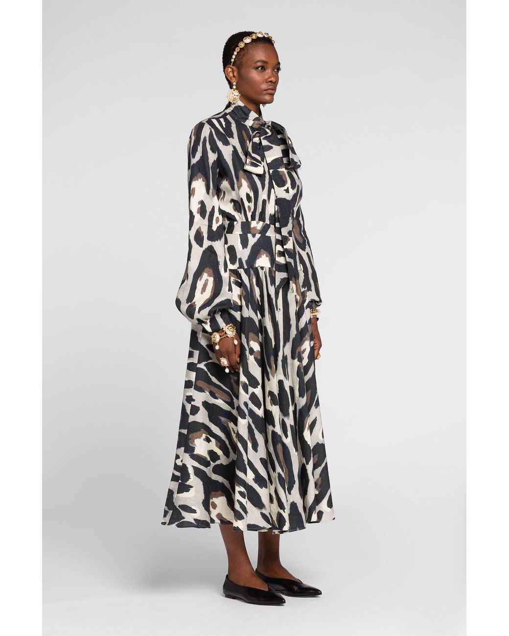 Roberto Cavalli White Animal-Print Linen Midi Dress