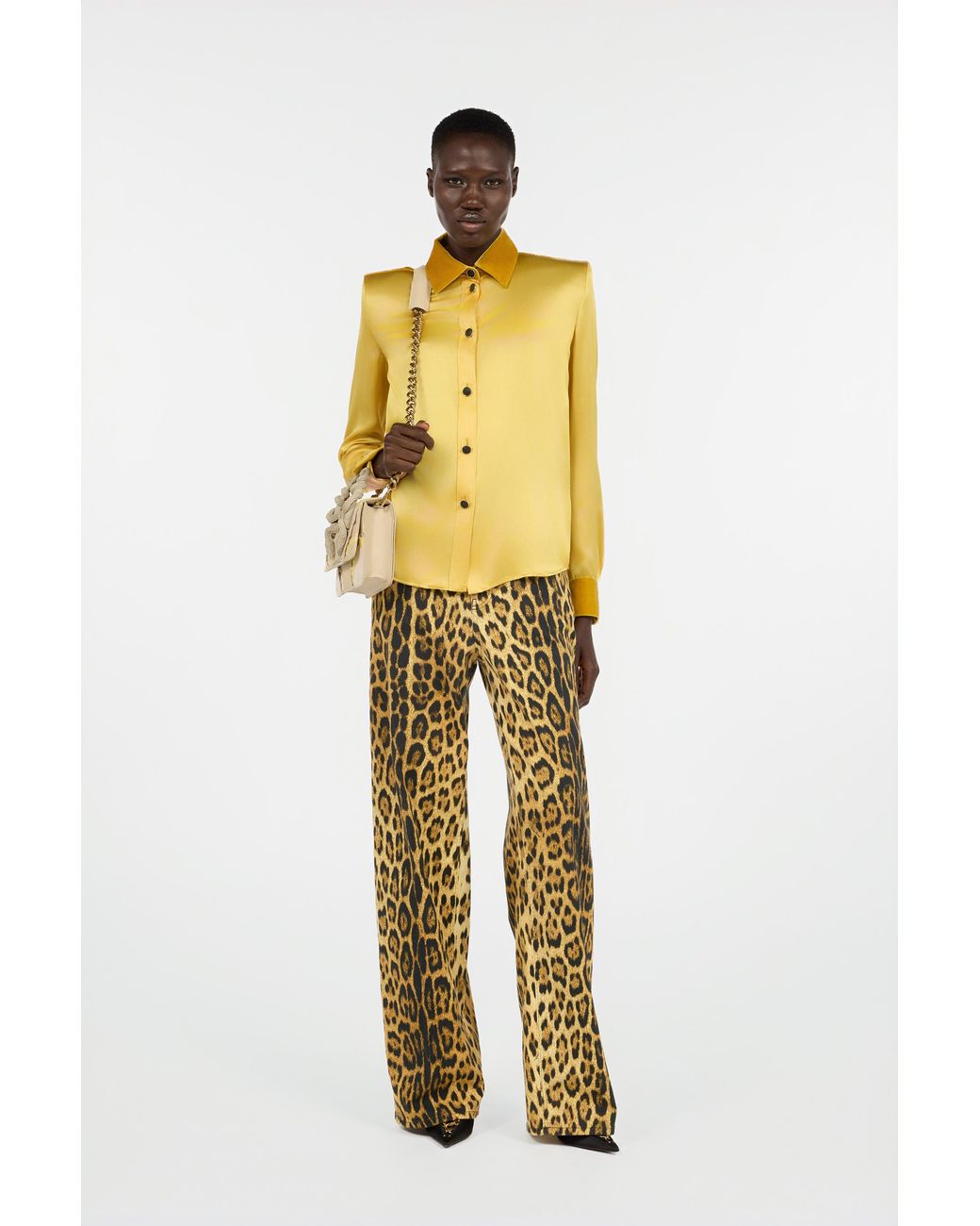 Roberto Cavalli Yellow Ochre Silk Shirt With Velvet Inserts