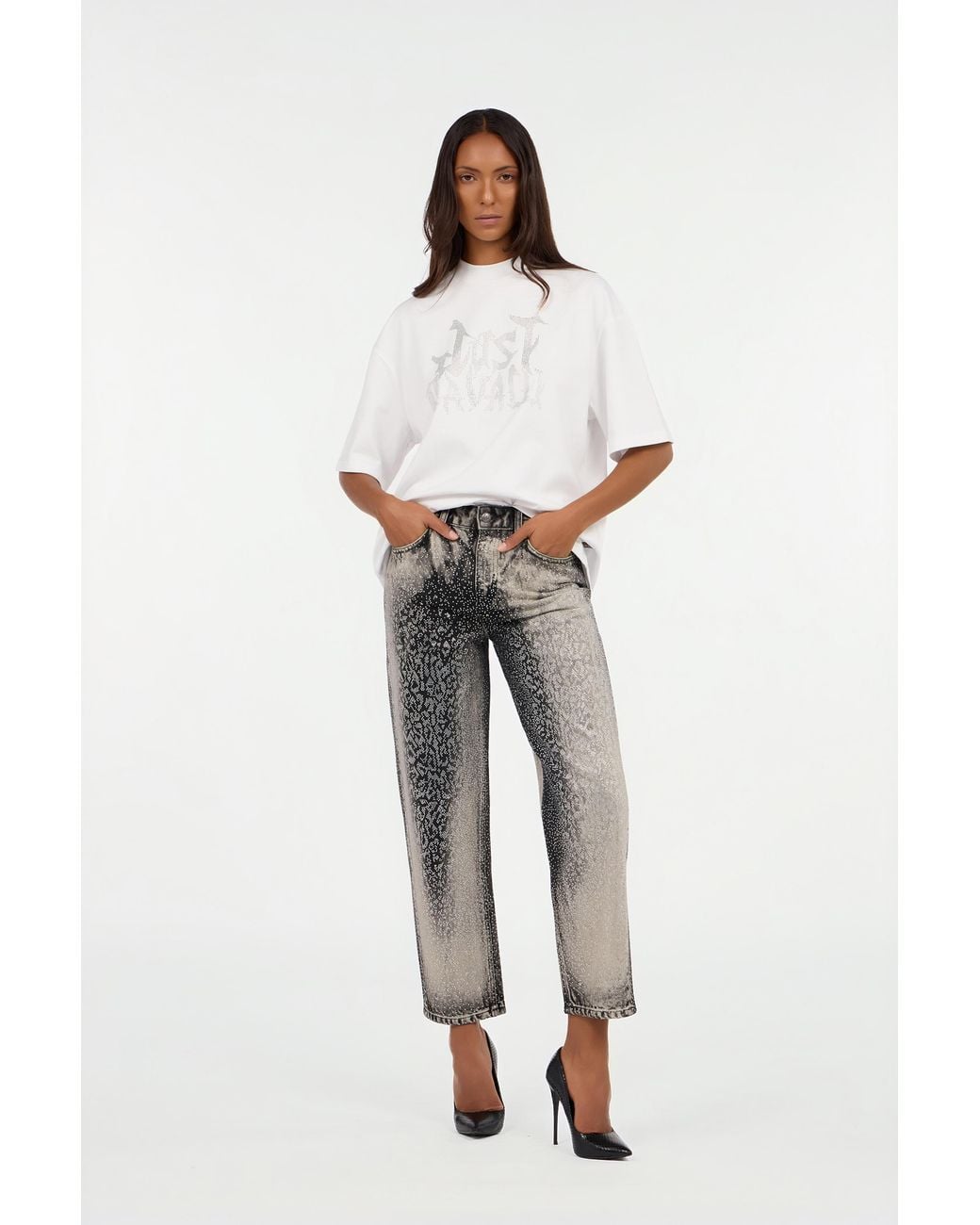 Roberto Cavalli Gray Jeans With Faded Effect And Rhinestones