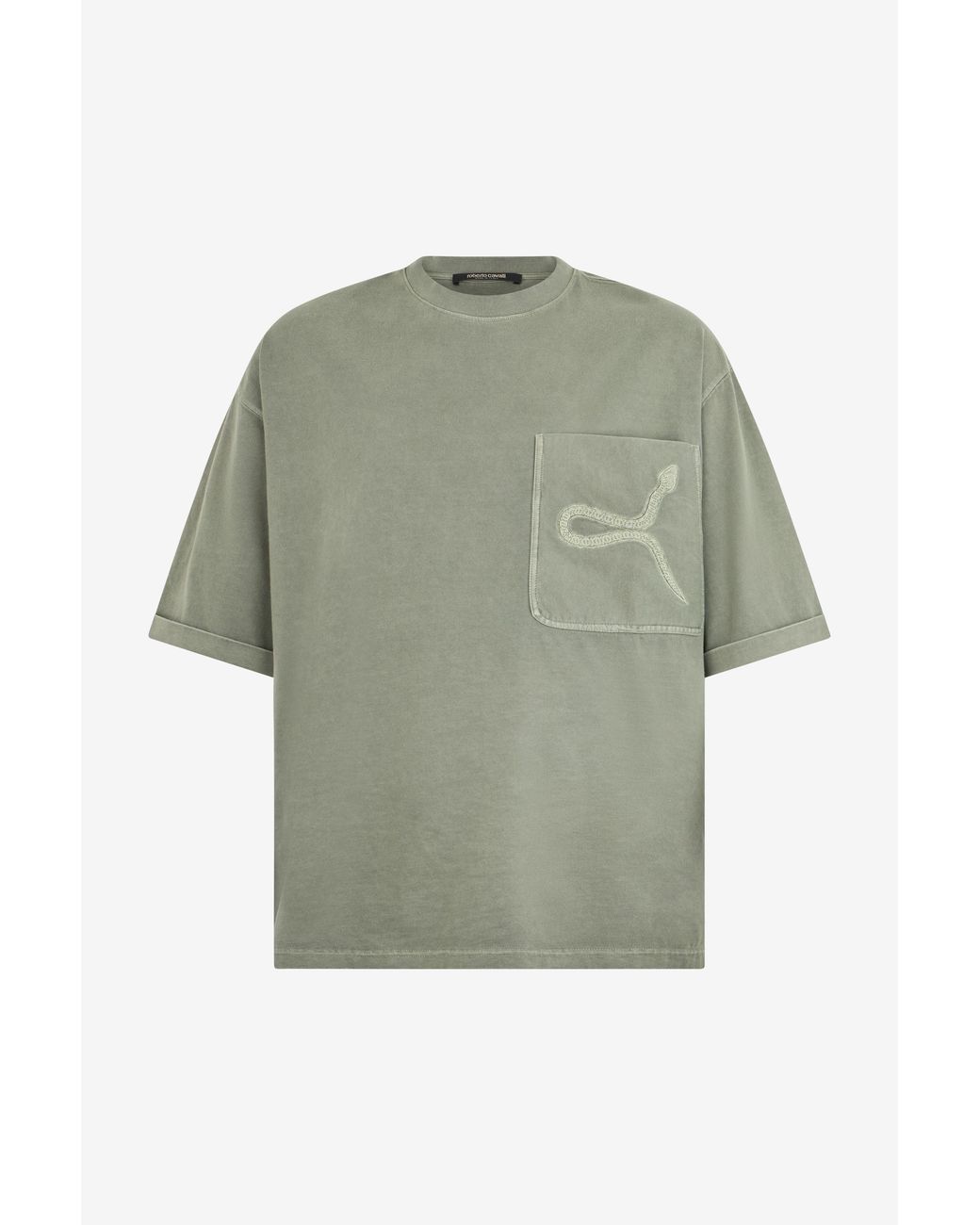 Roberto Cavalli Green Sage T-Shirt With Embroidered Snake for men