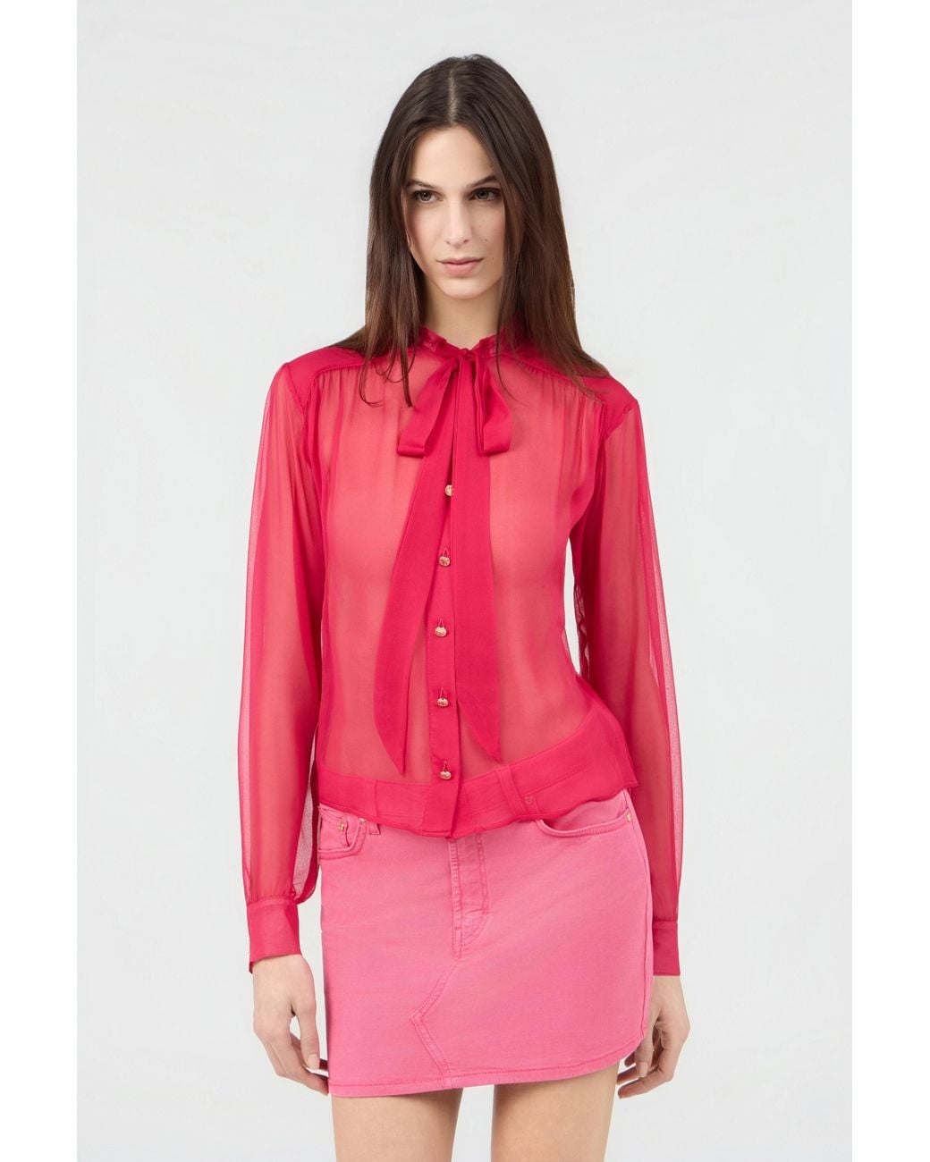 Roberto Cavalli Pink Fuchsia Tie-Neck Shirt