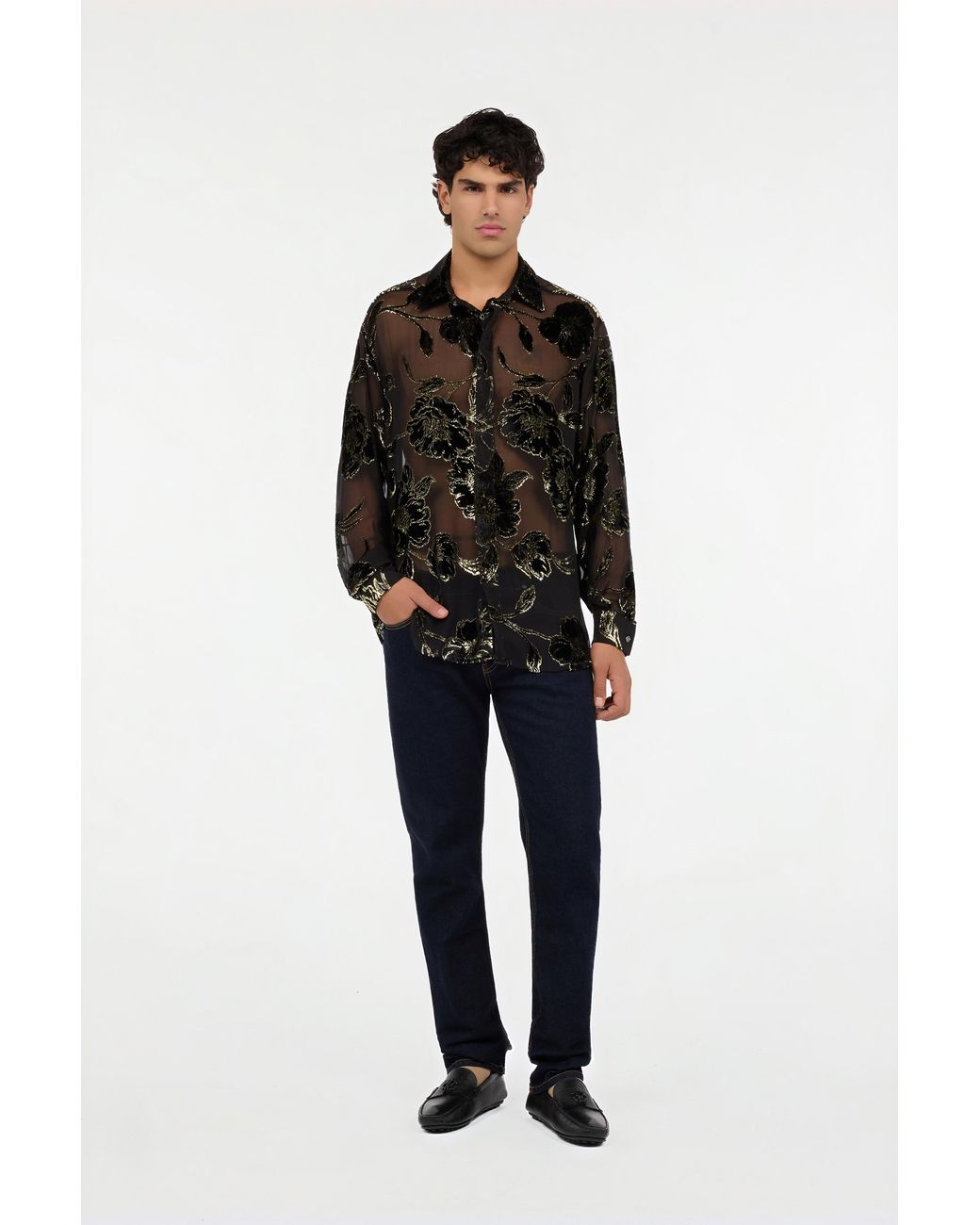 Roberto Cavalli Black And See-Through Shirt With Floral Pattern for men