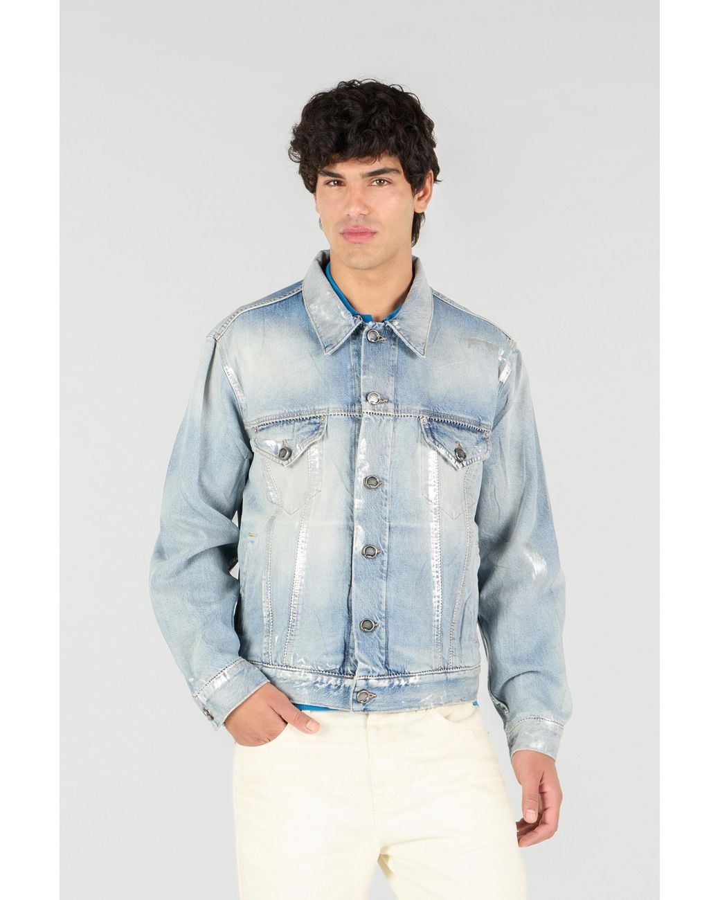 Roberto Cavalli Blue Light Laminated Denim Jacket for men