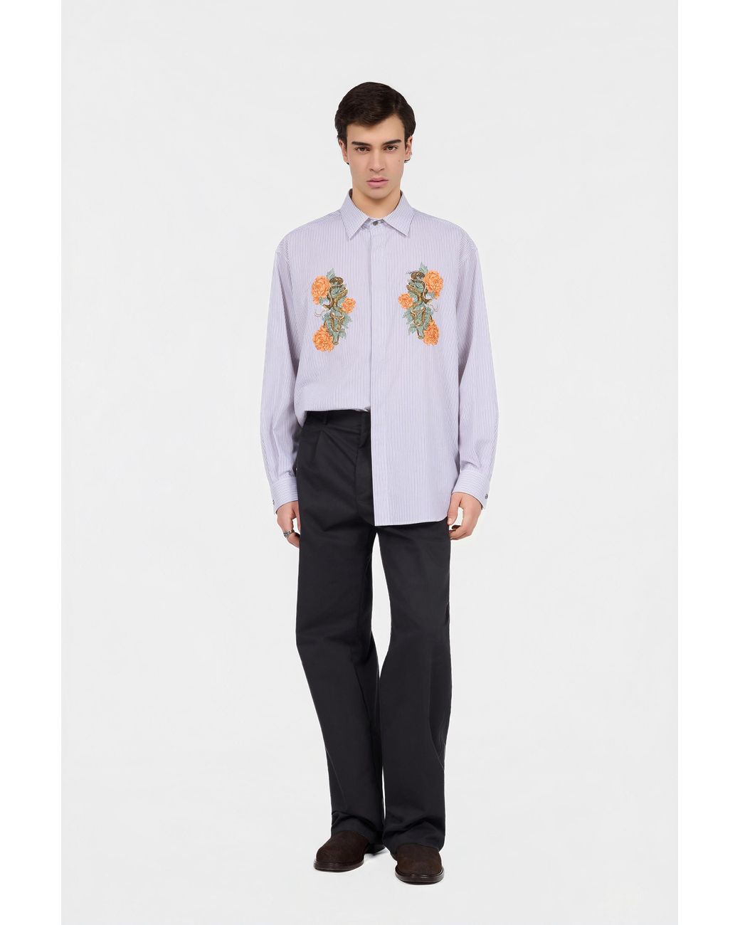 Roberto Cavalli White Shirt With Embroidered Snakes And Flowers for men