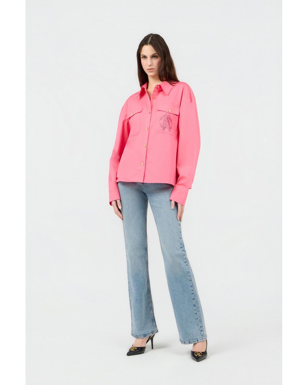Roberto Cavalli Pink Shirt With Rhinestone Jewel Logo for men