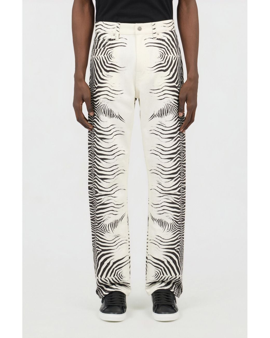 Roberto Cavalli White Zebra Print Denim Jeans for men