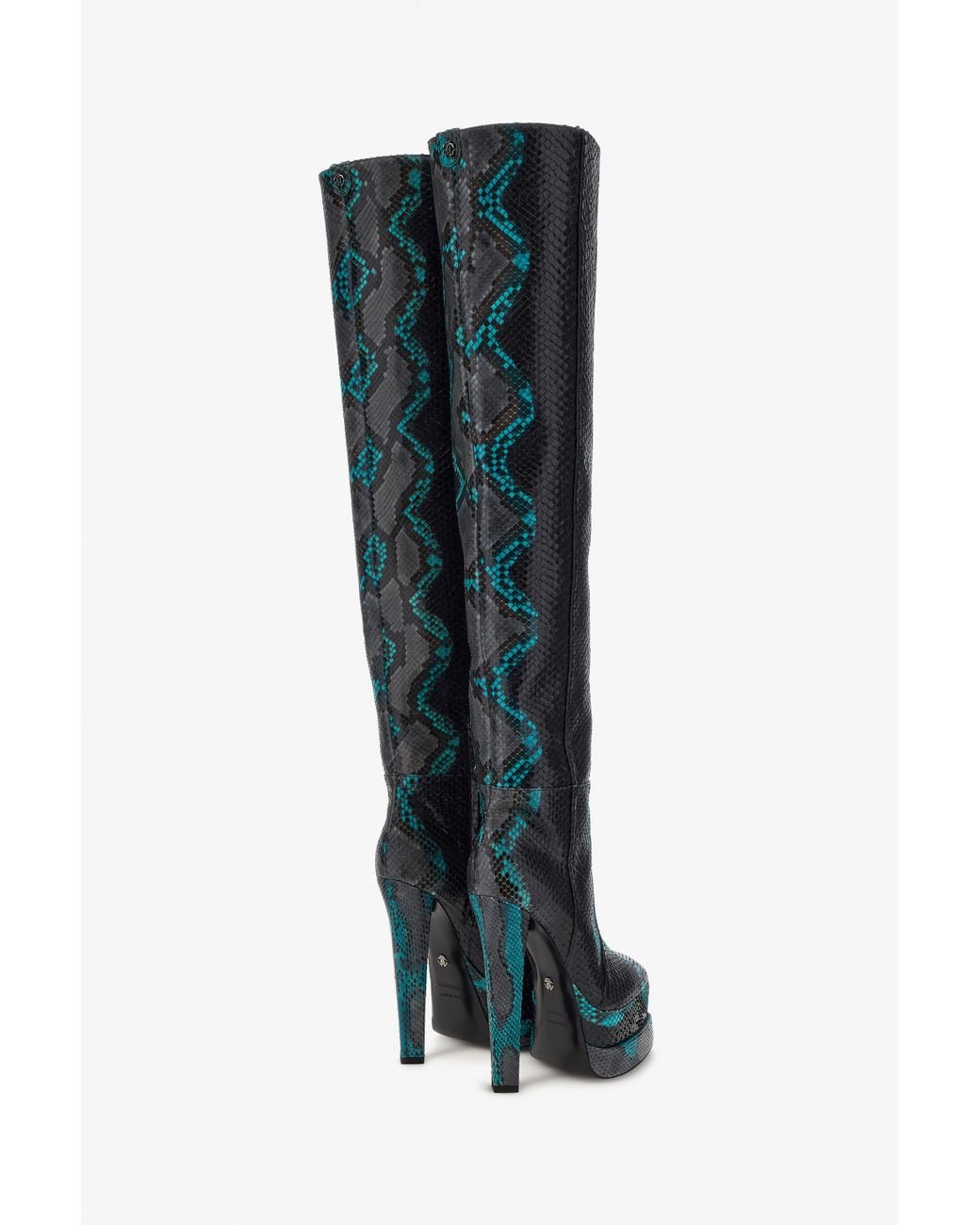 Roberto Cavalli Black Embossed Python Knee-High Boots