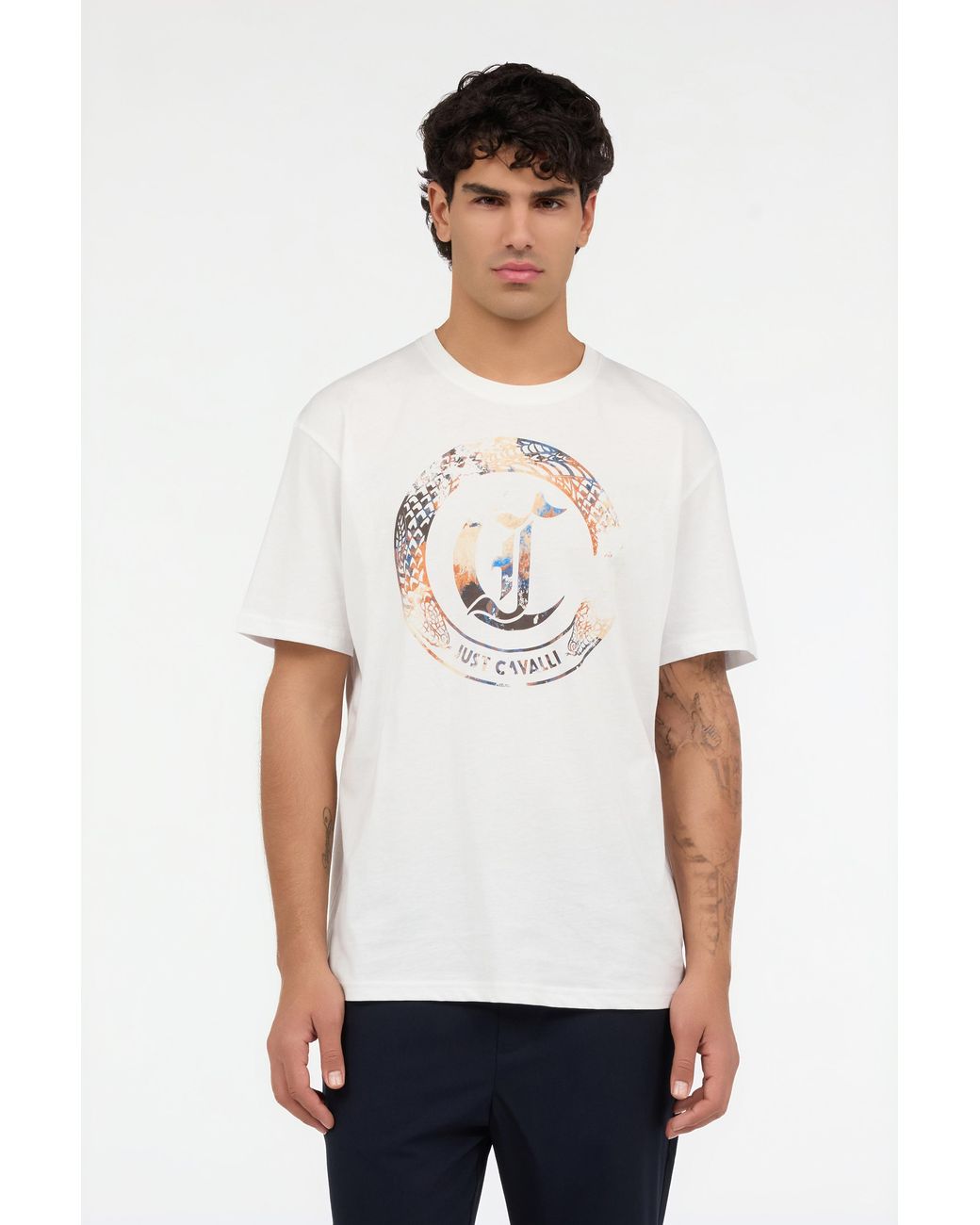 Roberto Cavalli White T-Shirt With Jc Monogram And Logo for men