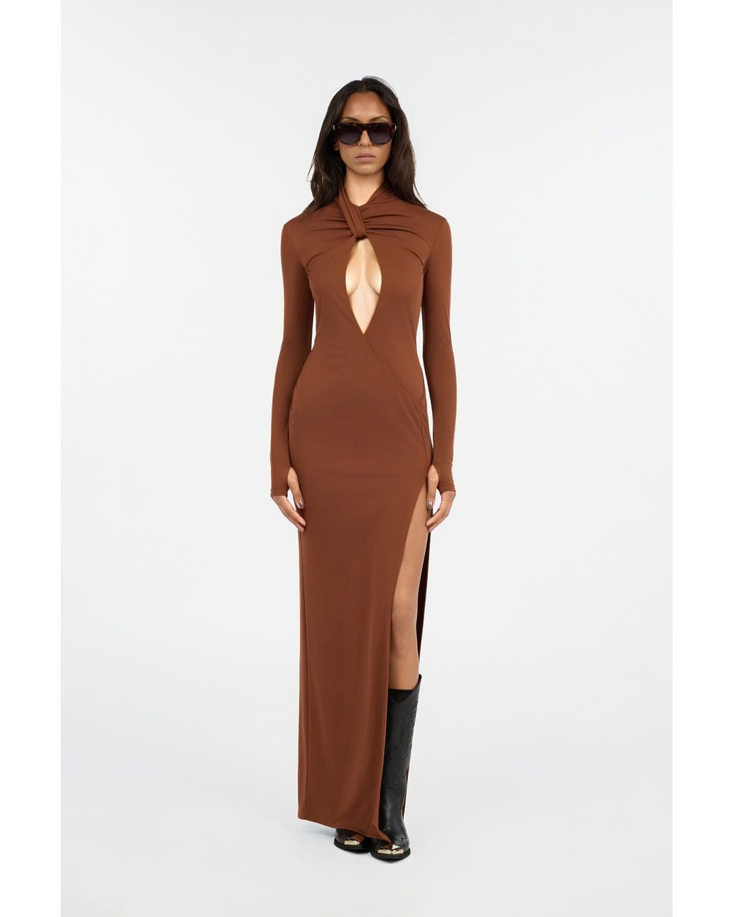 Roberto Cavalli Brown Maxi Dress With Twisted Neckline