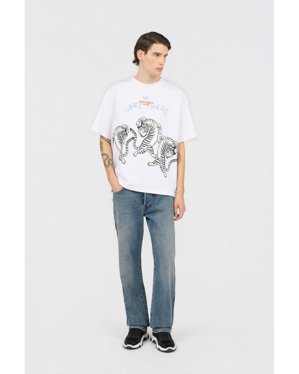 Roberto Cavalli White T-Shirt With Printed Tigers for men