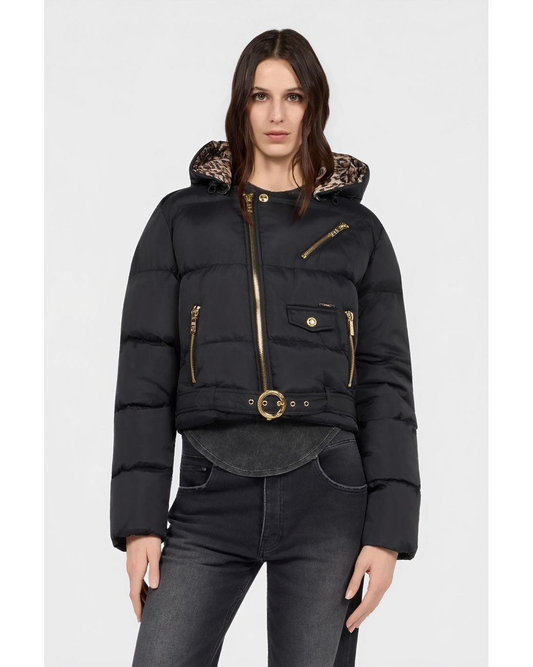 Roberto Cavalli Black Puffer Jacket With Belt