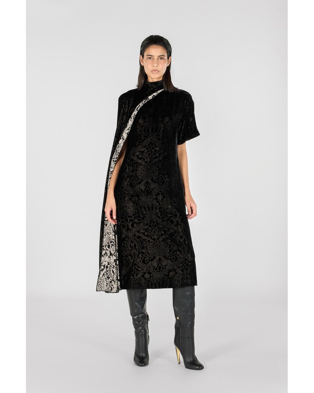 Roberto Cavalli Black Long Dress With Brocade Print