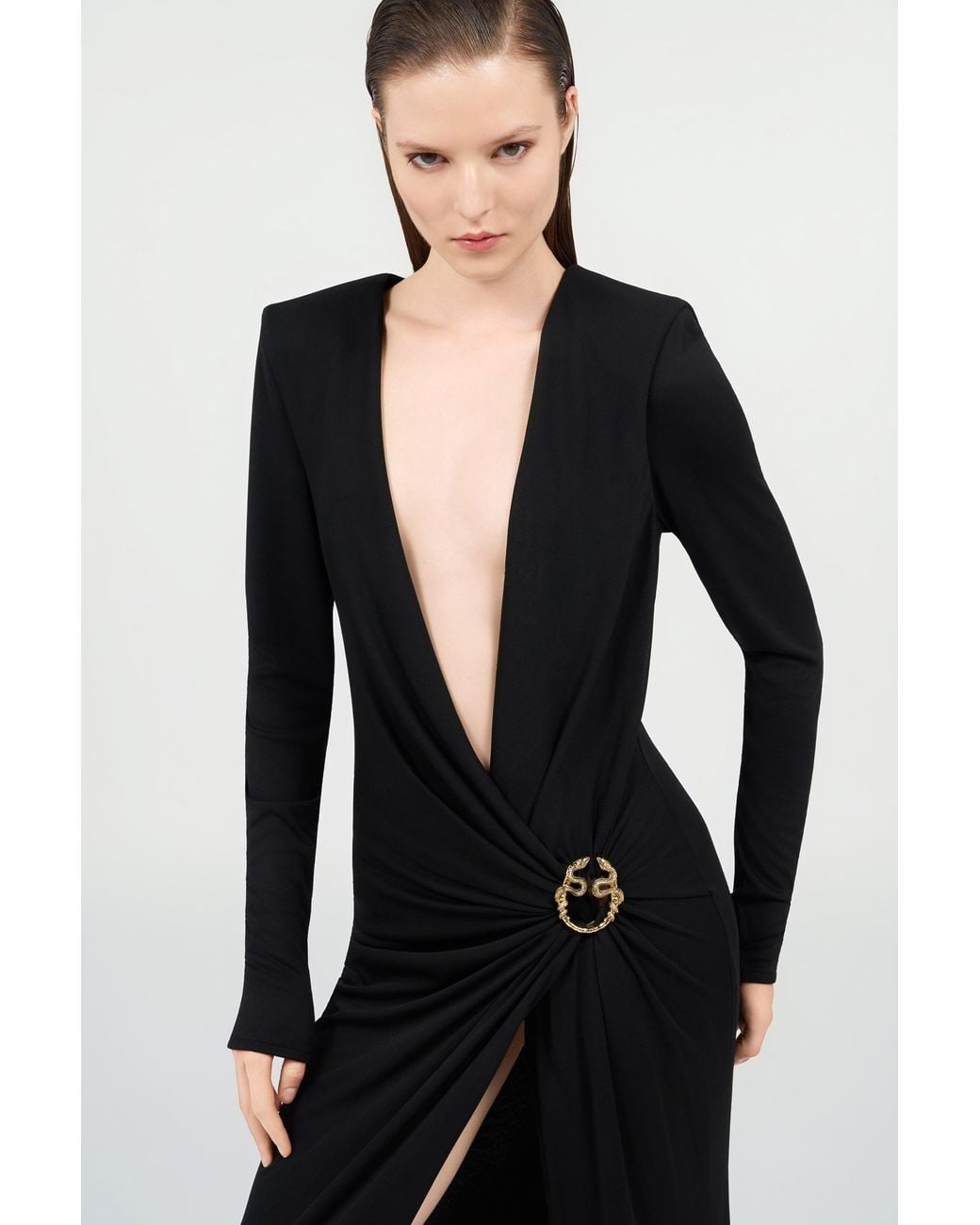 Roberto Cavalli Black Draped Long Dress With Snake Detail