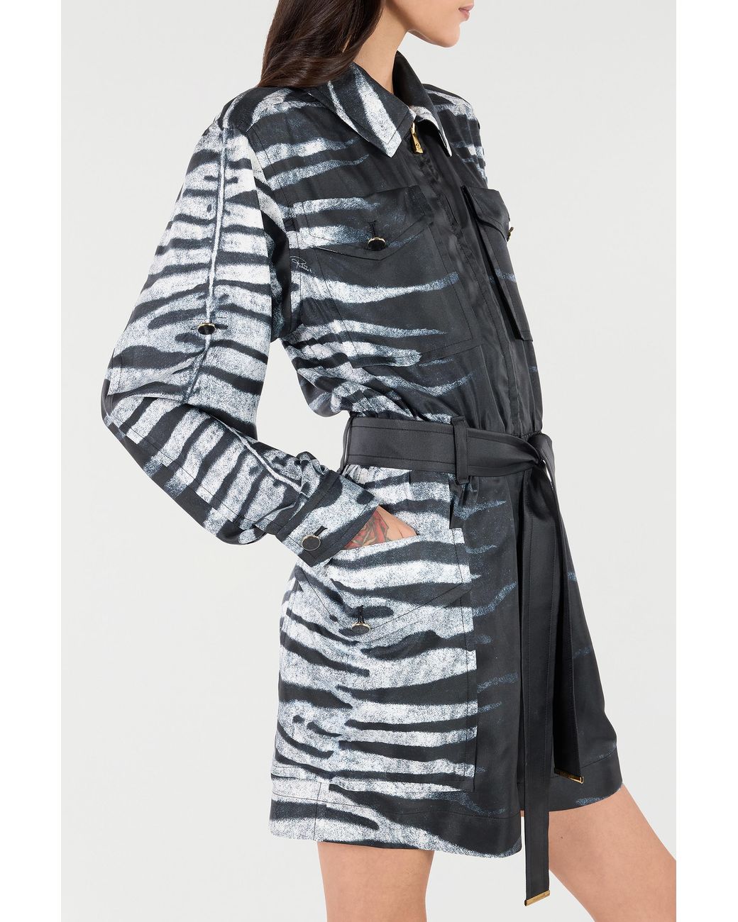 Roberto Cavalli Black Short Silk Dress With Zebra Print