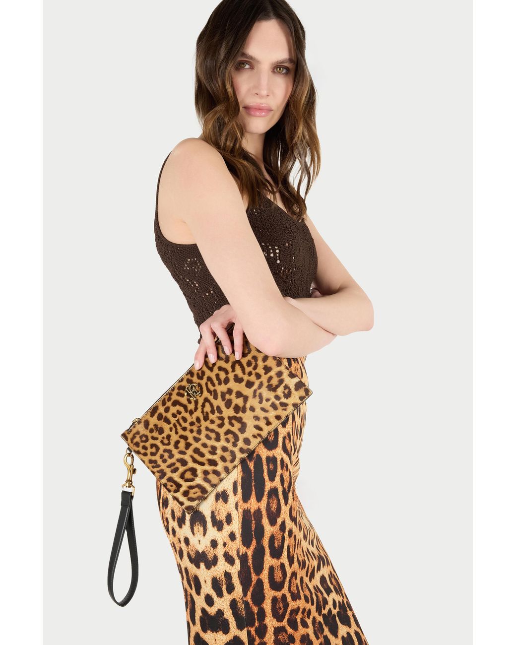 Roberto Cavalli Natural Small Jaguar-Skin Print Clutch