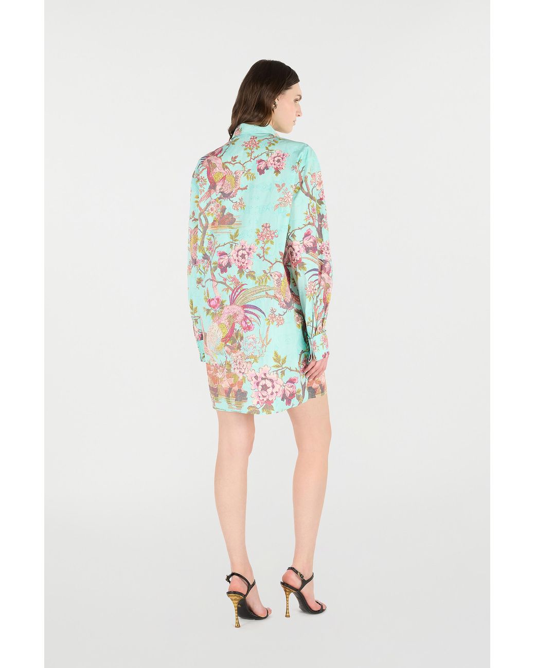 Roberto Cavalli Blue Shirt Dress With Oriental Bird Print