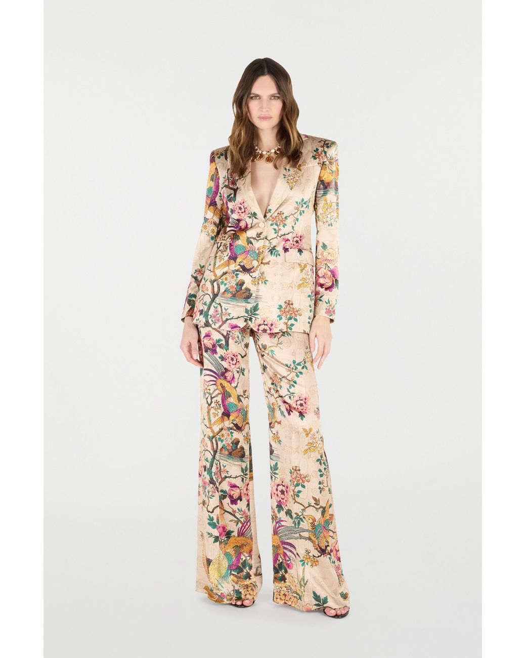 Roberto Cavalli White Silk Blazer With Oriental Bird Print