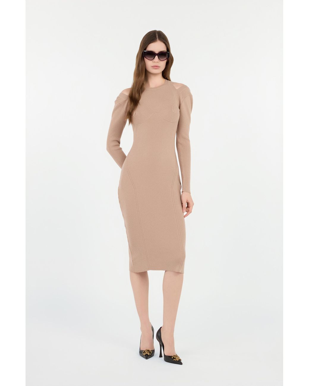 Roberto Cavalli Natural Cut-Out Ribbed Midi Dress