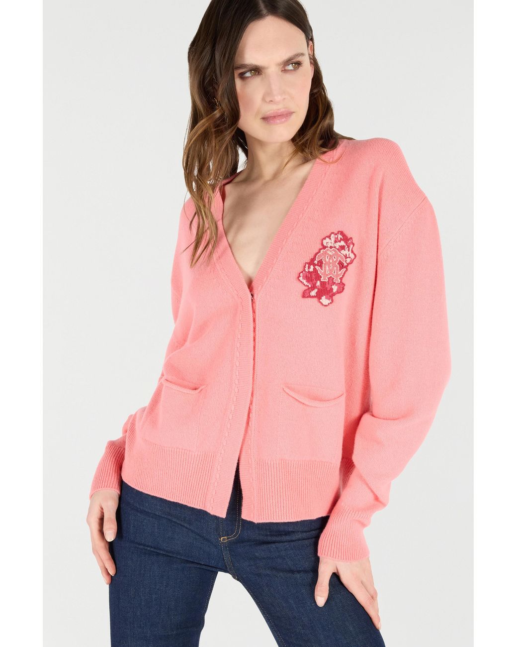 Roberto Cavalli Pink Cardigan With Mirror Snake Monogram