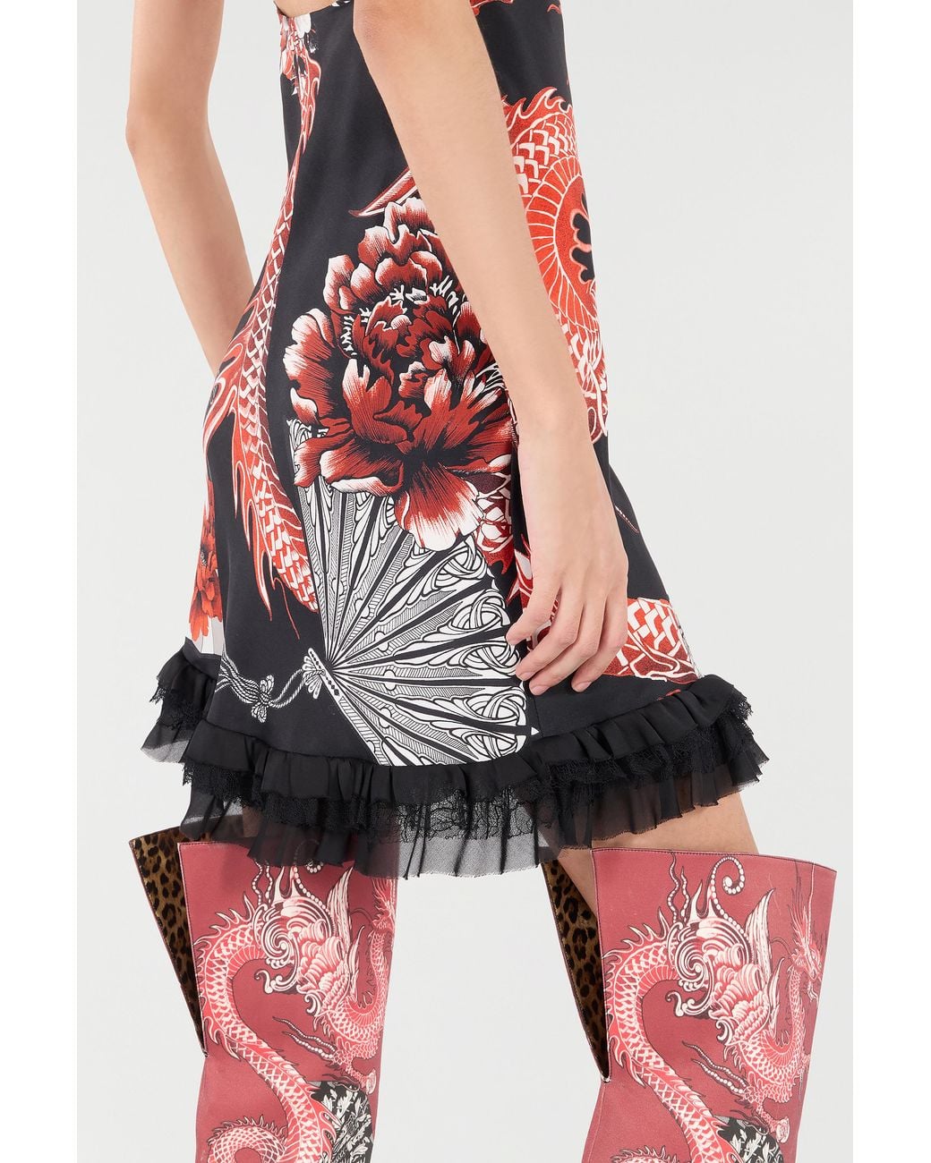 Roberto Cavalli Red Silk Mini Dress With Dragon And Ruches