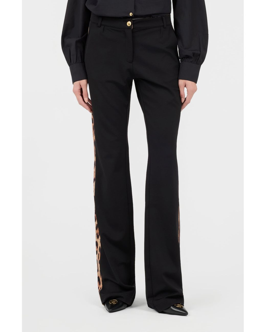 Roberto Cavalli Black Flare Trousers Leopard Side Panels