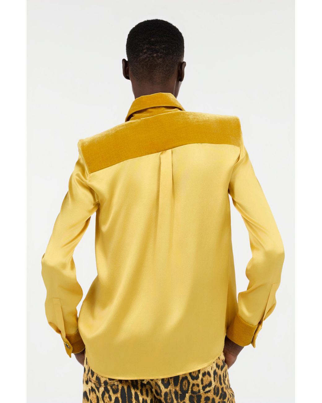 Roberto Cavalli Yellow Ochre Silk Shirt With Velvet Inserts
