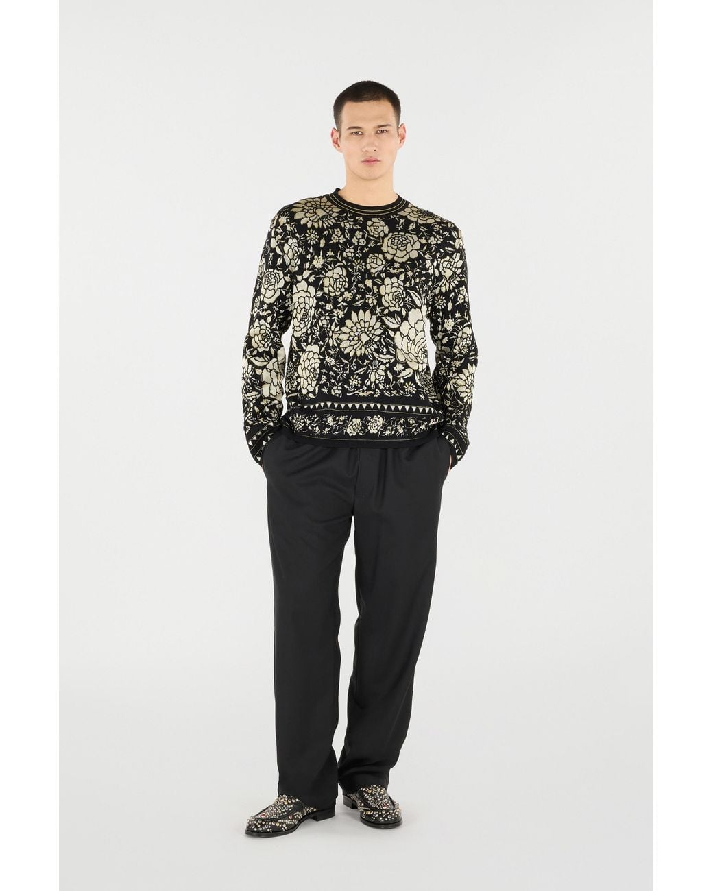 Roberto Cavalli Black Floral Wool-Blend Sweater for men
