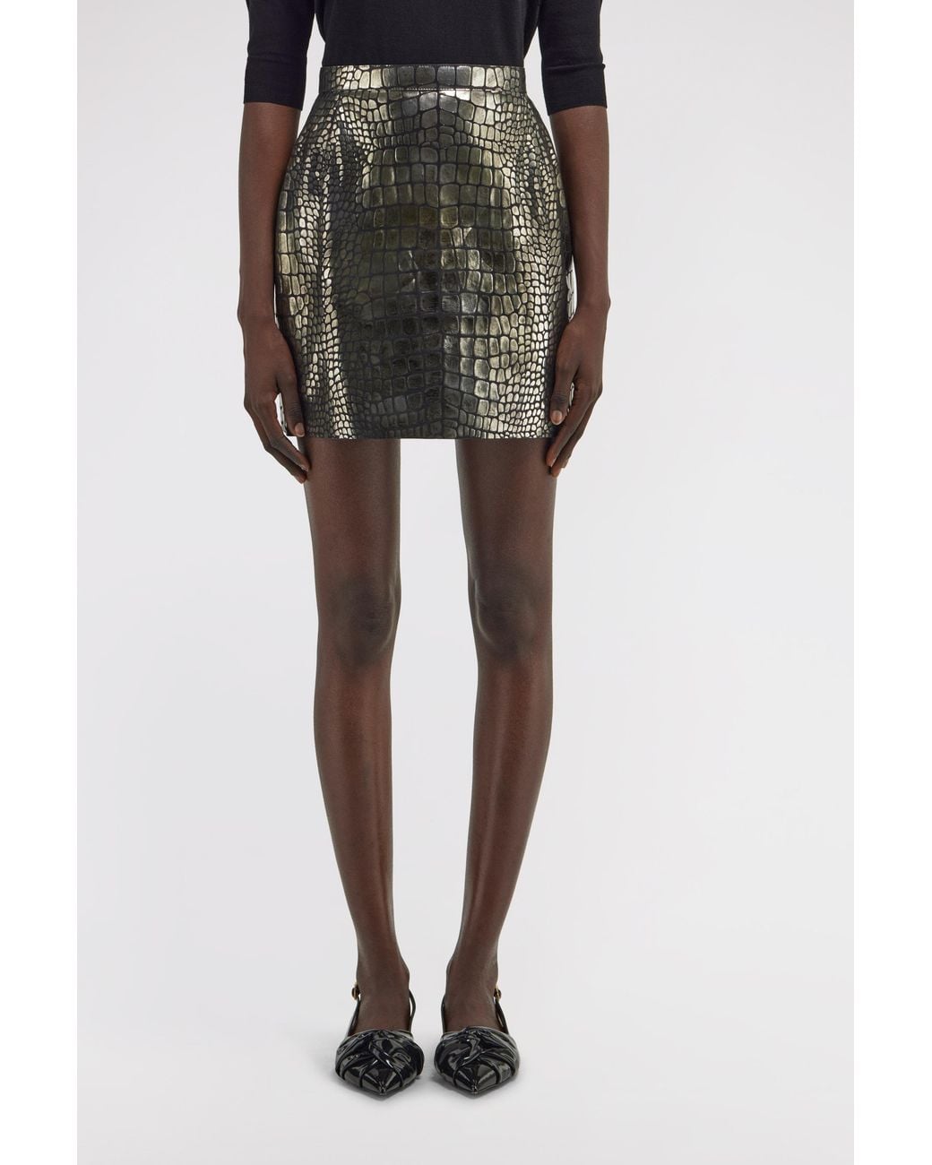 Roberto Cavalli Black Leather Skirt Croco Print