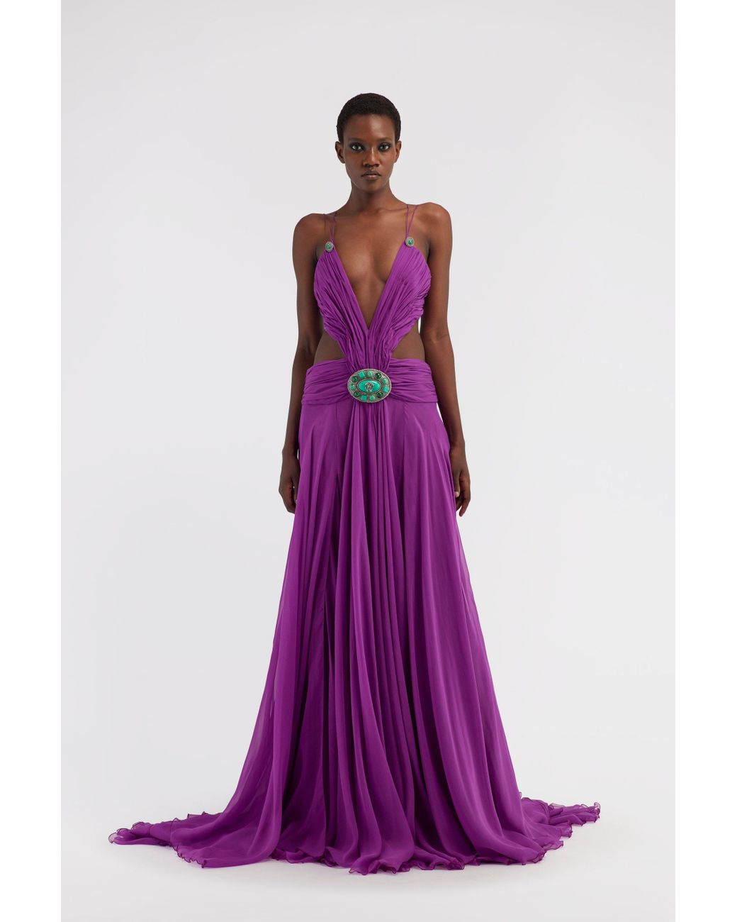 Roberto Cavalli Long Silk Dress With Cut-Out in Purple | Lyst Roberto Cavalli Long Silk Dress With Cut-Out in Purple | Lyst