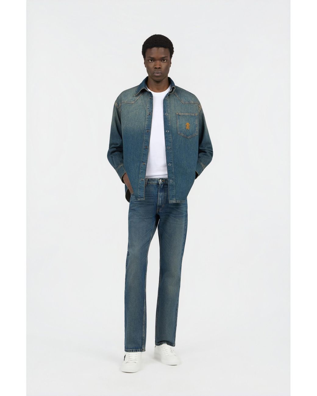 Roberto Cavalli Blue Denim Shirt With Monogram Rc for men