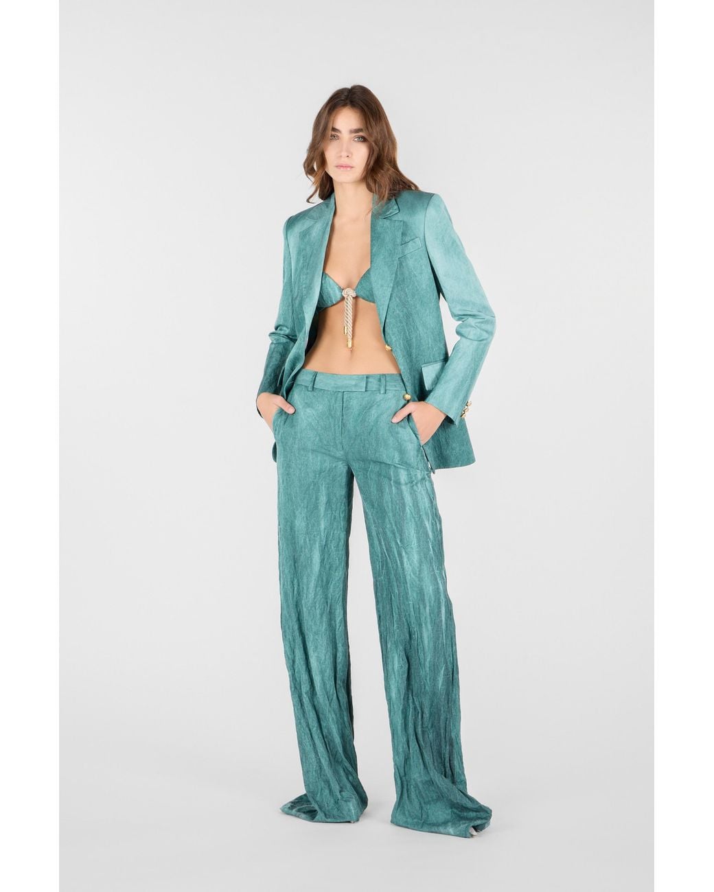 Roberto Cavalli Green Crinkled Texture Trousers